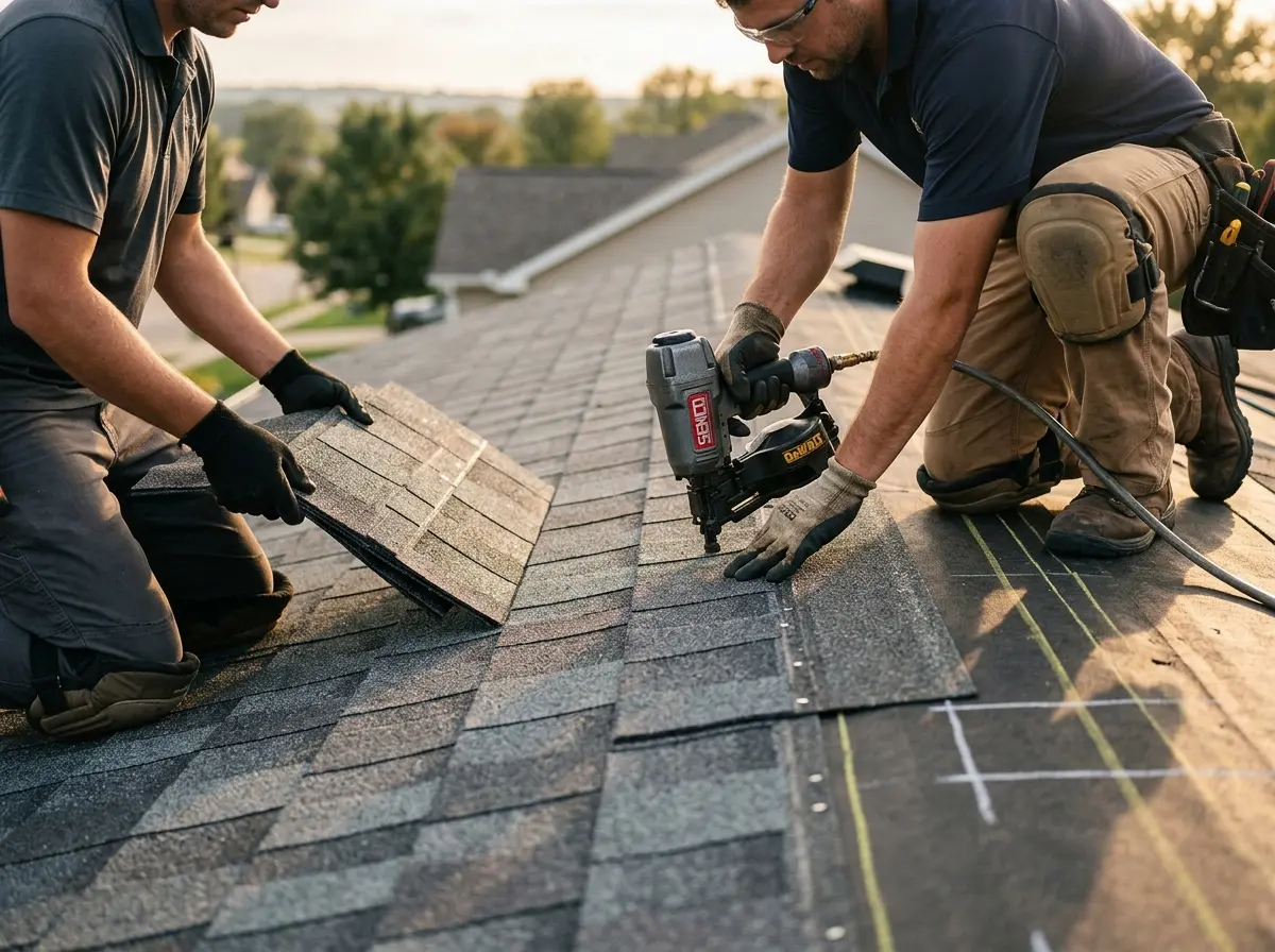 Professional roofer working on a residential roof in Pennfield